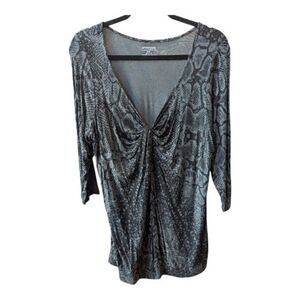 Sz 14/16 Lane Bryant Black and Gray Draped Snake Print Top V Neck 3/4 Sleeves